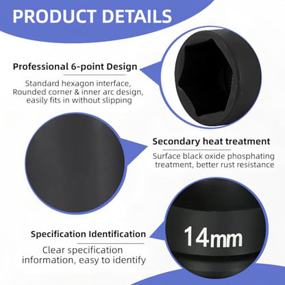 3/4"Drive x 14mm Metric, 6-Point Deep Impact Socket, Axle Nut Impact Socket | 40CR Alloy Steel,Clear labeling, Common Tools for Car Repair/Mechanical Work/Construction/Carpentry and Home Maintenance - size: 14mm