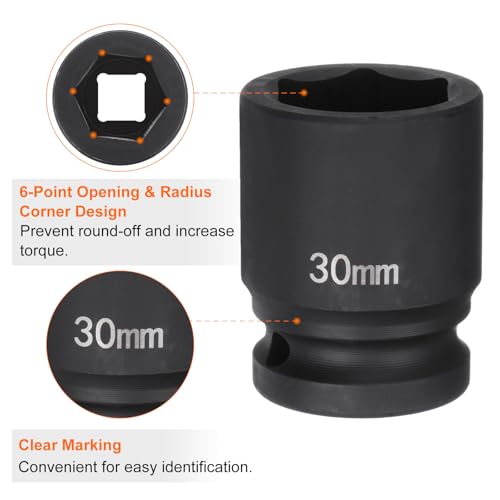 HARFINGTON 6-Point Impact Socket 3/4" Drive 30mm Metric 40Cr Alloy Steel Spindle Axle Nut Impact Socket - size: 30mm