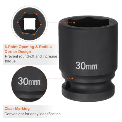 HARFINGTON 6-Point Impact Socket 3/4" Drive 30mm Metric 40Cr Alloy Steel Spindle Axle Nut Impact Socket - size: 30mm