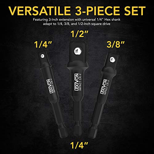 LEXIVON [2-Pack] Impact Grade Socket Adapter Set, 3" Extension Bit With Holder | 3-Piece 1/4", 3/8", and 1/2" Drive, Adapt Your Power Drill To High Torque Impact Wrench (LX-101X2) - style: 2-Pack Impact Adapter Set