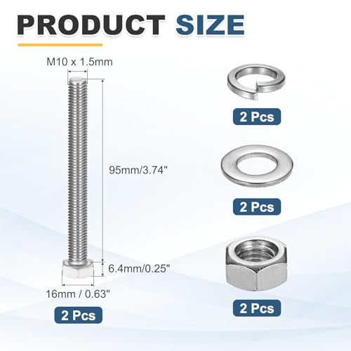 MECCANIXITY M10 x 95mm 304 Stainless Steel Hex Head Screws Bolts, Nuts, Flat & Lock Washers Assortment Kit, Fully Threaded, Bright Finish for Home, Electronic, Machine, 2 Sets - size: M10 x 95mm