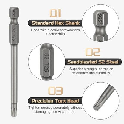HARFINGTON 5pcs T25 Torx Head Screwdriver Bit 1/4" Hex Shank 3.15" (80mm) Long Magnetic No Hole Tip Tamper Proof 6 Point Star Screw Driver Drill Bits S2 Steel Industrial Power Screwdrivers - size: T25 x 3.15"(80mm)