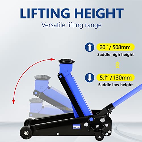 3T Low Profile Steel Floor Jack, 6000 lb, Single Pump, 5.1"-20" Lift, Blue | Heavy-duty steel, single-pump quick lift, low profile, 5.1"-20" lift range, overload protection. - size: 3T Single Pump 5.1"-20"