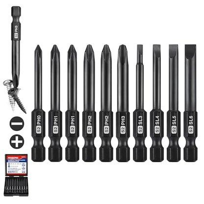 WORKPRO 10pcs Slotted Phillips Screwdriver Bit Set, CNC Machined S2 Steel Magnetic Screwdriver Bits Set, 1/4 Inch Hex Shank Driver Bits, 2.3 Inch Long Screwdriver Bits Set with Storage Box - color: Phillips&slotted