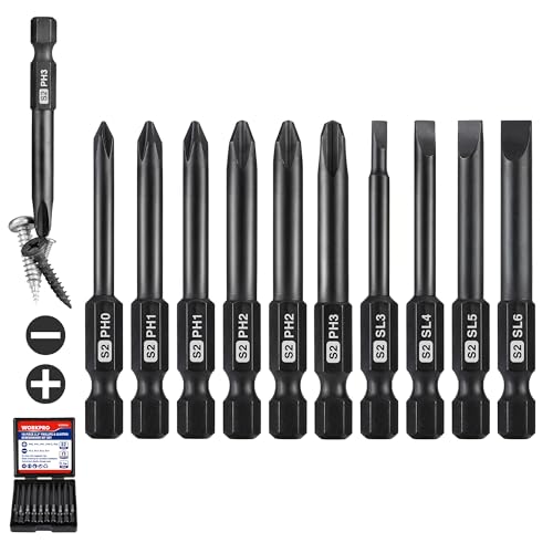 WORKPRO 10pcs Slotted Phillips Screwdriver Bit Set, CNC Machined S2 Steel Magnetic Screwdriver Bits Set, 1/4 Inch Hex Shank Driver Bits, 2.3 Inch Long Screwdriver Bits Set with Storage Box - color: Phillips&slotted