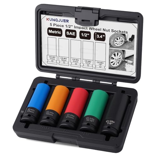 5PCS 1/2"Drive Lug Nut Socket Set, Metric 17、19、21 SAE 13/16" 7/8" | Impact Socket Set, Thin Wall Deep Socket Set with Colored Protective Sleeves, 6 Point, Non-Marring - size: 5PCS-Metric& SAE
