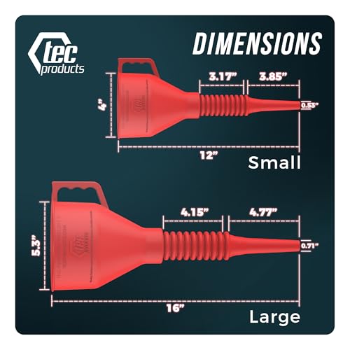 TEC Products FlexAll Long Flexible Funnels - Automotive Oil Funnel with Hose, Durable Nitrile Rubber for Oil Change, Transmission Funnel Fluid, Diesel, Fuel, Gas - Made in USA - Red (12 x 4 Inches) - color: Red, size: Small