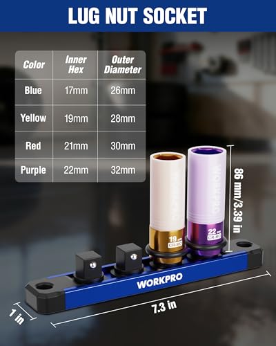 WORKPRO 1/2" Drive Lug Nut Impact Duty Socket Set, 4 Pieces 17-19-21-22mm Deep Thin Wall Socket Set, Made of Premium Cr-Mo Steel, Non-Marring Lug Nut Wheel Sockets for Car - size: 1/2" DR x 4pcs (17/19/21/22mm)