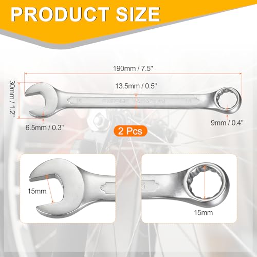 HARFINGTON 2Pcs Metric Combination Wrench 15mm Open End & 15-Degree Offset 12-Point Box End Chrome Vanadium Steel Industrial Grade Double Ended Wrenches Spanners Tools - size: 15mm