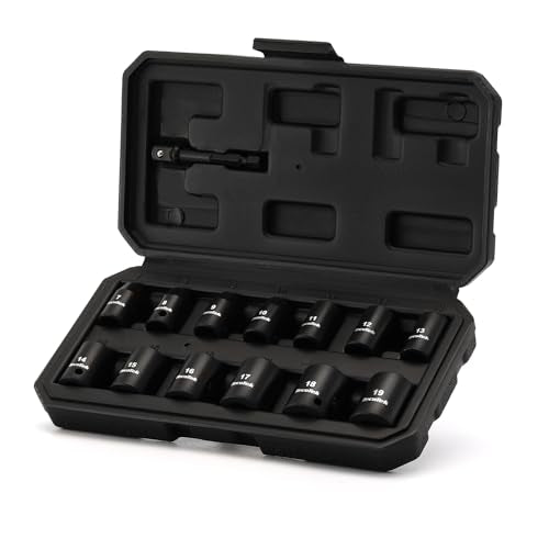 TecoTek 14 Pieces 3/8-Inch Drive Impact Socket Set, 12-Point, Metric, Shallow, CR-V, 7mm to 19mm, Drill Socket Adapter 3/8" - size: 7mm-19mm(Shallow)