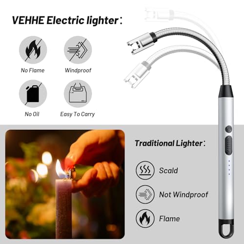 VEHHE Electric Candle Lighter, Plasma Arc Windproof BBQ Lighters with Touch Lock, Electric Lighter USB C Rechargeable with 360° Flexible Neck for Fireworks Camping Festivals (Silver) - color: Silver