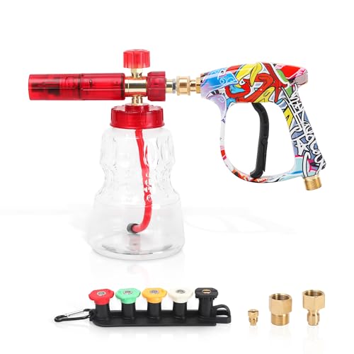 Foam Cannon Kit with Graffiti Short Pressure Washer Gun 3/8" Quick Connect M22-15mm Adapter Adjustable Snow Foam Bottle with 1/4" Quick Connect and 5 Nozzle Tips for Car Wash - color: Red-Foam Cannon Kit