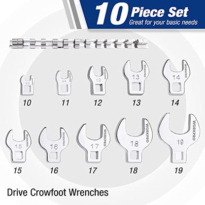 WORKPRO 3/8" Drive Crowfoot Wrench Set, 10-Piece Metric Open-End Wrenches with Clip-on Organizer, 10-19mm, Great for Automotive Repair Work Hard-To-Reach Areas - size: Metric System