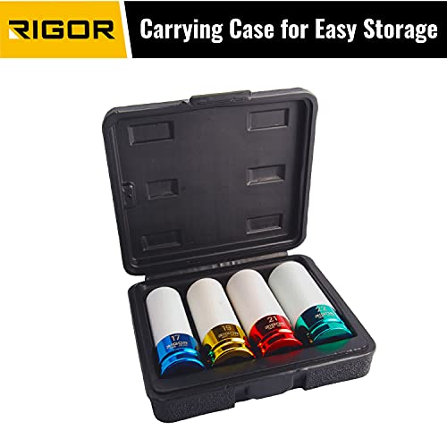 RIGOR 11516 Non-Marring Lug Nut Socket Set | Wheel Protector Impact Socket Set | 1/2" Drive, 6 Point, CR-MO | Metric 17mm, 19mm, 21mm, 22mm - size: 17mm, 19mm, 21mm, 22mm