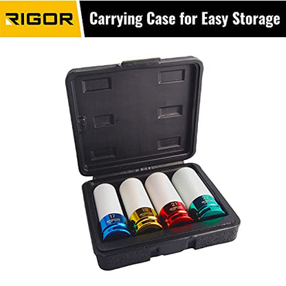 RIGOR 11516 Non-Marring Lug Nut Socket Set | Wheel Protector Impact Socket Set | 1/2" Drive, 6 Point, CR-MO | Metric 17mm, 19mm, 21mm, 22mm - size: 17mm, 19mm, 21mm, 22mm