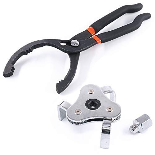 Glarks Universal Oil Filter Wrench Set, A 12-Inch Long Handle Grip Pliers with A 3 Jaw 2-Way Remover Tool, Adjustable Oil Filter Wrench for Car, Motorcycle and Trucks Use
