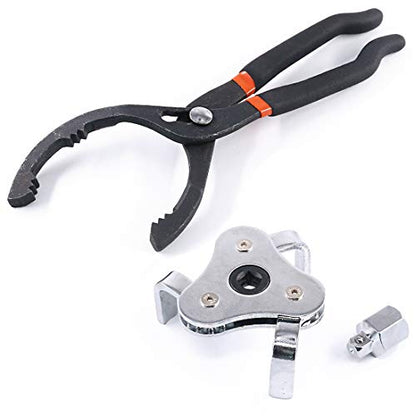Glarks Universal Oil Filter Wrench Set, A 12-Inch Long Handle Grip Pliers with A 3 Jaw 2-Way Remover Tool, Adjustable Oil Filter Wrench for Car, Motorcycle and Trucks Use