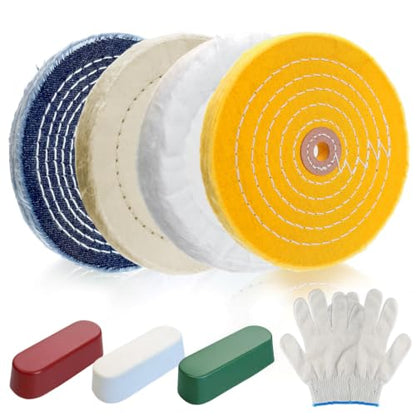 8Pcs 6 Inch Polishing Buffing Wheel Kit for Bench Grinder | 1/2" Arbor Hole Buffing Wheels with 3 Polishing Compound and Gloves for Metal,Stainless Steel,Jewelry,Wood,Glass,Ceramic ect - size: 6 Inch