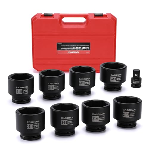 CASOMAN 9PCS 3/4" Drive Spindle Axle Nut Impact Socket Set, Include 1/2" to 3/4" Adapter, 6 Point, CR-MO, 2-1/16" to 2-1/2", Large Socket Set, Heavy Duty Use In Removing And Installing Axle Nuts - size: 9 PCS (2-1/16" to 2-1/2")