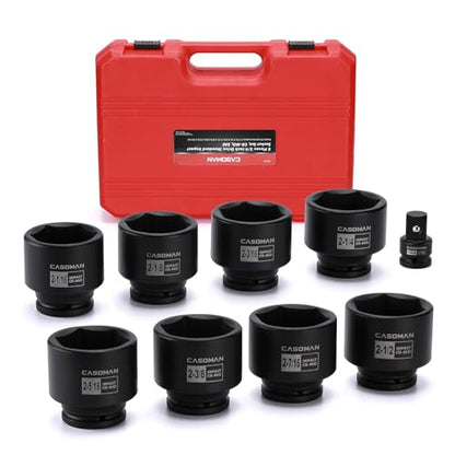 CASOMAN 9PCS 3/4" Drive Spindle Axle Nut Impact Socket Set, Include 1/2" to 3/4" Adapter, 6 Point, CR-MO, 2-1/16" to 2-1/2", Large Socket Set, Heavy Duty Use In Removing And Installing Axle Nuts - size: 9 PCS (2-1/16" to 2-1/2")