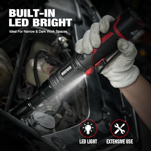 Alloyman 3/8" Cordless Ratchet Wrench Set, 60FT-LBS(80N.m) Electric Ratchet, 12V Extended Power Socket Wrench Set with Variable Speed, 6 Sockets, LED Light, 1/4" Adapter,1/2" Adapter,2 Batteries