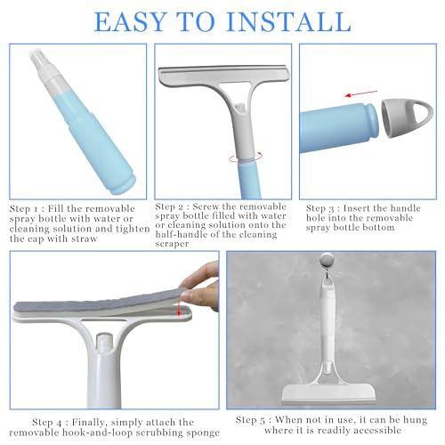 3 in 1 Window Cleaning Scraper with Spray,Glass Squeegee with Removable Hook-and-Loop Scrubbing Sponge,Mirror Cleaner Tool for Home,Car Windshield,Shower Glass,Easy Scrubbing & Streak-Free Cleaning