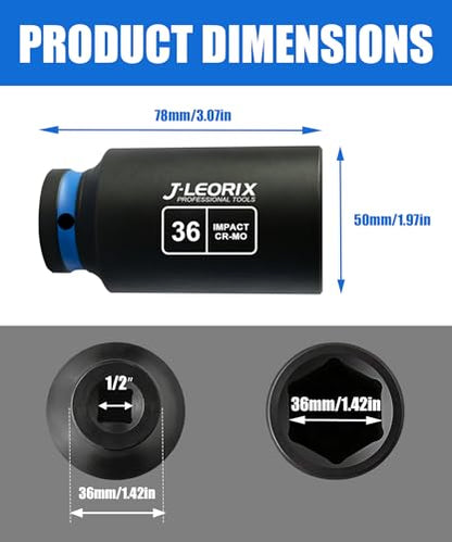 36mm Deep Impact Socket 1/2" Drive CR-MO Steel 6-Point | CR-MO steel impact socket set. 1/2" drive, 6-point design. Deep reach for lug nuts & axle nuts. - size: 36mm