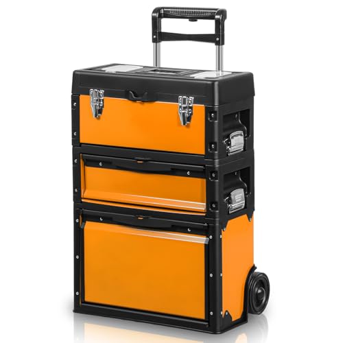 Auto Dynasty Stackable Tool Box 3-Tier Tool Separate Organizer Rolling Tool Chest with Wheels 3-in-1 Upright Trolley for Garage or Workshop, Orange - color: Orange