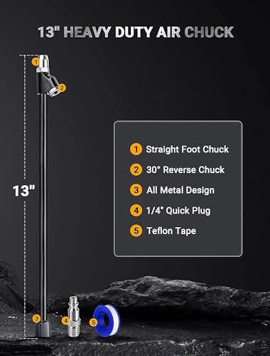 13'' Dual Head Air Chuck Set, Heavy Duty Extended Reach Tire Chuck w/Quick Plug for Semi Tire Inflation, 1/4" FNPT Straight Lock On Tire Inflate Chuck for Air Compressor Semi Truck RV Dually Tires - size: 13'' - Zinc Alloy