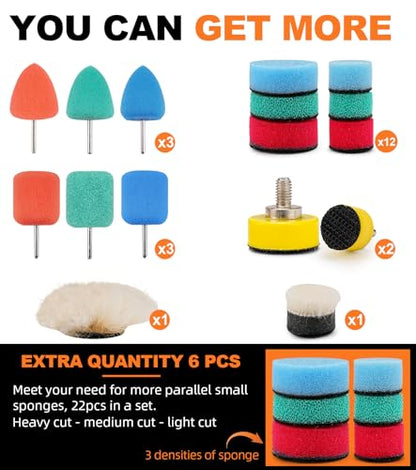 SI FANG 22 Pcs Mini Buffing Polishing Pads Kit, Car Details Mini Polisher Foam Pads for Drill Rotary Tool Buffer Tight Area Detailing Paint Polish Waxing & Glaze, Interior Headlight Door Handles