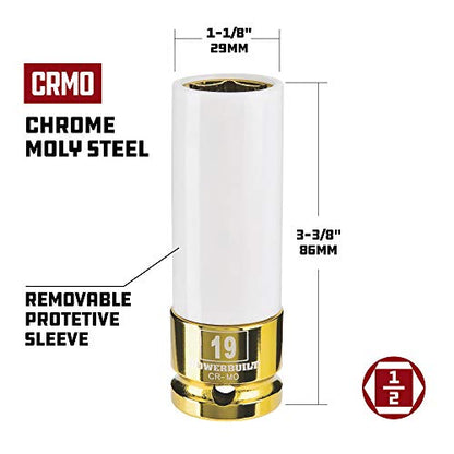 Powerbuilt 1/2 Inch Drive 19mm Impact Lug Nut Socket, Non-marring and Thin Wall Lug Nut Socket, Protects Lug Nuts from Damage - 941040 - size: 19mm