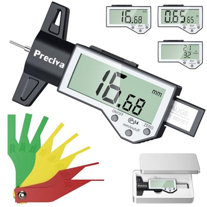 Preciva Tire Tread Depth Gauge & Brake Lining Gauge Set, Digital Tire Depth Gauge with Large LCD Display and Inches, Millimeters, Fraction Conversion, for Tread Depth, Brake Shoe and Pad Wear - color: Silver