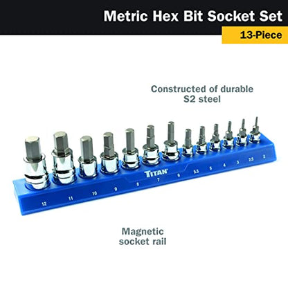 Titan 85531 13-Piece Metric Hex Bit Socket Set, Magnetic Socket Organizer with Laser-Etched Size Markings - style: New SAE Hex