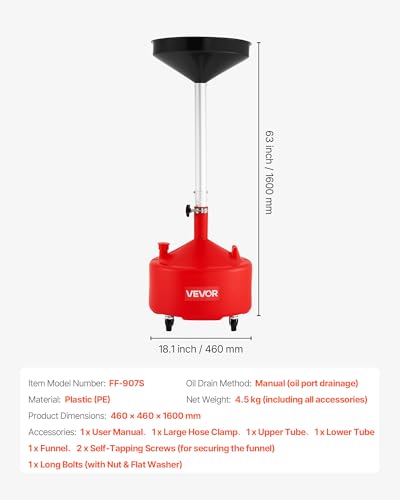 VEVOR 8 Gallon Waste Oil Drain Tank, Industrial Fluid Drain Tank with Adjustable Funnel Height, Portable Oil Drainer with Wheels, Fluid Fuel Transfer Drainage for Auto Repair Shops, Garages, Red - size: 8 Gallon