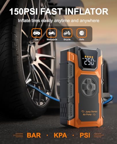 Jump Starter with Air Compressor, 6000A Car Battery Charger Power Jump Box Start 12V Vehicles(Up to 9.0L Gas&7.5L Diesel Engines) Portable Car Booster Jumper Pack Combo150 PSI Tire Inflator