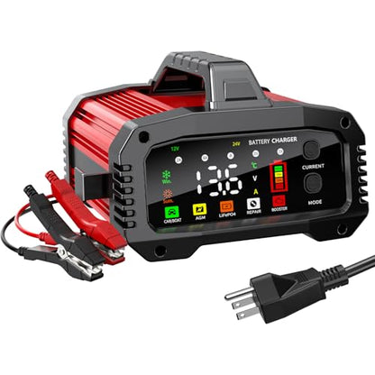 Battery Charger 25A Smart Trickle Charger Maintainer 12V/24V LiFePO4 | Car battery charger Lead Acid Compatible with Temperature Compensation for Car Truck Motorcycle Lawn Mower Boat