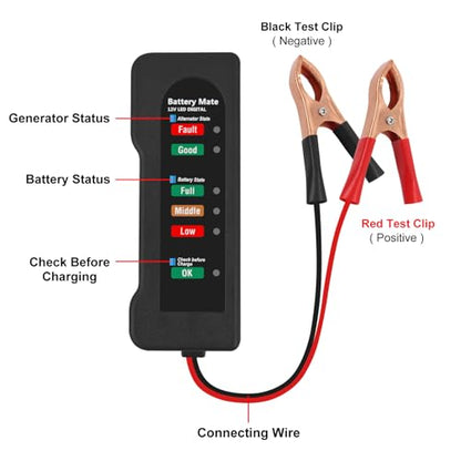 12V Car Battery Tester and Alternator Tester 12 Volt Automotive Battery Analyzer, Charging System Checker with LED Indicator for Cars, Trucks