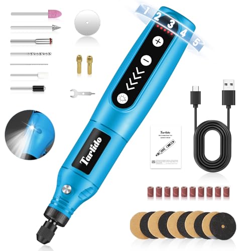 Tarlido Cordless Rotary Tool Kit, 3.7V 2.0Ah Rechargeable Battery, 18000RPM 5-Speed Multi Power Carving Tools, 31Pcs Accessories, Engraving, Sanding, Grinding, Polishing, Carving, Etching, DIY-Blue ﻿ - color: Blue With Light