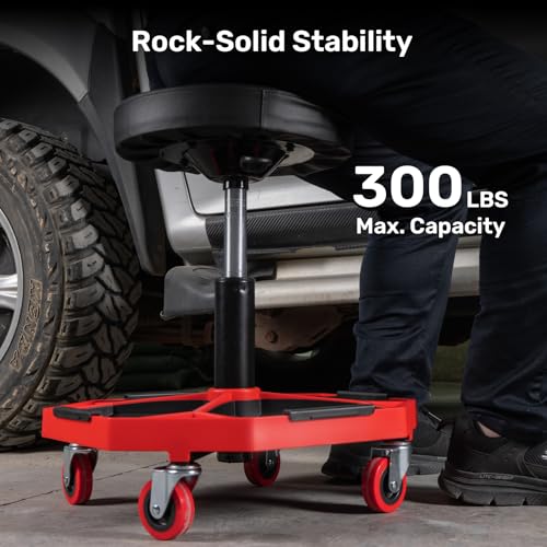 Rolling Mechanic Stool, 300 LBS Adjustable Garage Shop Seat with Tool Trays | Pneumatic Height Adjust, Cushioned Seat, 4-compartment trays, 360° Casters, for Garage, Workshop, Auto Repair, Detailing