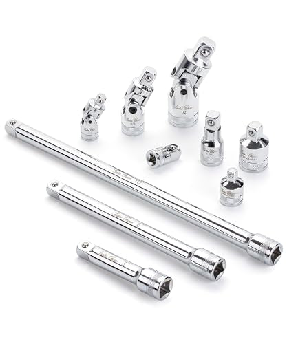 Bates- Socket Accessory Set, 10 pcs, Silver, 3/8" Extension Set, 1/4", 3/8" & 1/2" Drive Universal Joints & Socket Adapter Set, 3/8 Extension Set - color: Silver, size: 10 pcs