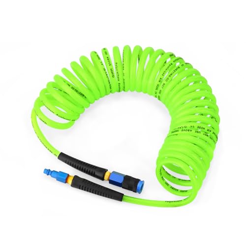 1/4" x 25 ft Reinforced Polyurethane Air Hose with Bend Restrictor, Includes 1/4" Industrial Quick Coupler & I/M Plug Kit, for Air Compressors, Green - color: Green, size: 1/4" x 25 ft