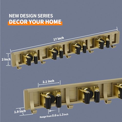 reliahom Broom Holder Wall Mount Mop Hanger Tools organizer 4Racks 5Hooks | Adjustable Mop Broom Wall Hanging Heavy duty Tools Storage Rack Space-saving for Garage,Kitchen,Laundry Room,Garden, Bronze - color: Bronze