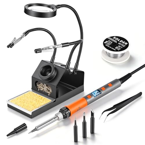 Soldering Iron Kit, 100W High Power LCD Digital Solder Iron Pen, Fast Heating Soldering Tool with Magnifying Glass and Helping Hands, Iron Tips, Solder Wire, Tweezer, Automatic Sleep Mode - color: Orange
