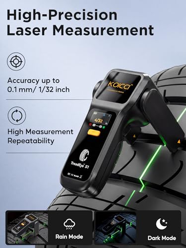 New KOICCI S1 Digital Tire Tread Depth Gauge, Smart Laser Tire Tread Detector with 32nds High Accuracy, 2-in-1 Standalone & App Modes, Report Generation for Car Truck SUV - iOS & Android Compatible