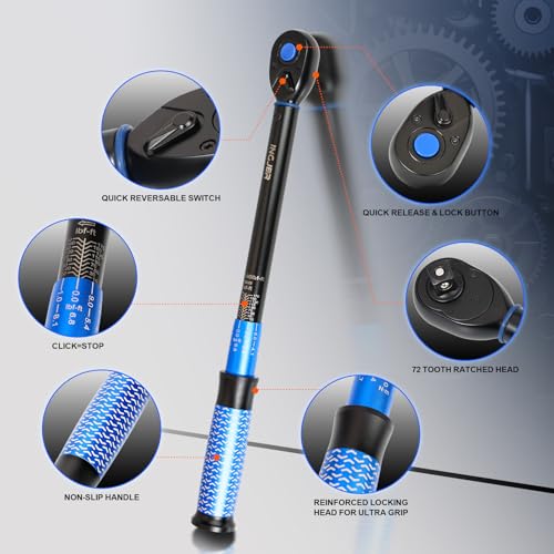 Torque Wrench 1/2, UPGRADE Torque Wrench Auto, 10-180ft.lb | 13.6 - 244.1Nm, ±3% Dual-Direction, 72 Tooth Inch Pound Torque Wrench for Engine, Suspension & Spark Plug Maintenance - size: 1/2inch 10-180Ft.lb