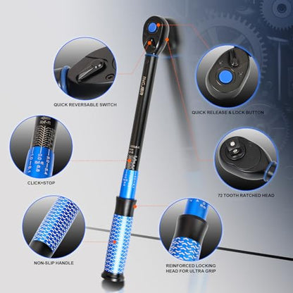 Torque Wrench 1/2, UPGRADE Torque Wrench Auto, 10-180ft.lb | 13.6 - 244.1Nm, ±3% Dual-Direction, 72 Tooth Inch Pound Torque Wrench for Engine, Suspension & Spark Plug Maintenance - size: 1/2inch 10-180Ft.lb