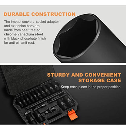 ARTIPOLY 1/2" Drive SAE Deep Impact Socket Set, 19 Piece Cr-V Steel Socket Set SAE Size 3/8" to 1-1/4", Includes Extension Bars, Universal Joint and Adapter, 6 Point Design, Meets ANSI Standards - style: 1/2" socket set SAE