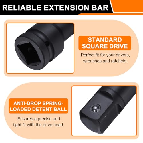 HARFINGTON Impact Socket Extension Bar 1/2" Square Drive 10" Long CR-V Steel Extension Rod Ratchet Wrench Driver Adapter for Axle Nut Sockets, Black - size: 1/2" Square Drive 10" Long
