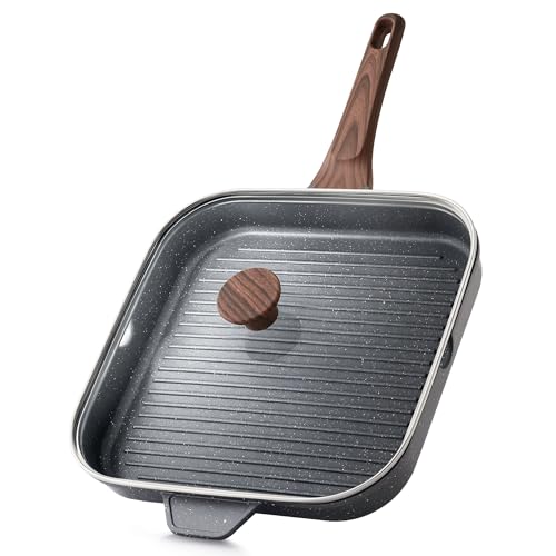 SENSARTE Nonstick Grill Pan with Lid, Grill Pan for Stove Tops, Versatile Griddle with Pour Spouts, Square Big Cooking Surface, Durable Skillet Indoor & Outdoor Grilling. PFOA Free, 12Inch - color: Gray Granite, size: 12 Inch+Lid