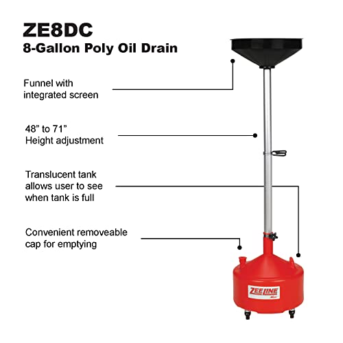 ZEELINE BY MILTON ZE8DC 8-Gallon Poly Oil Drain, Adjustable Height 48-71 in., Rolling Waste Oil Drain with Funnel Screen, 4 Swivel Casters for Oil, Coolant & Transmission Fluid